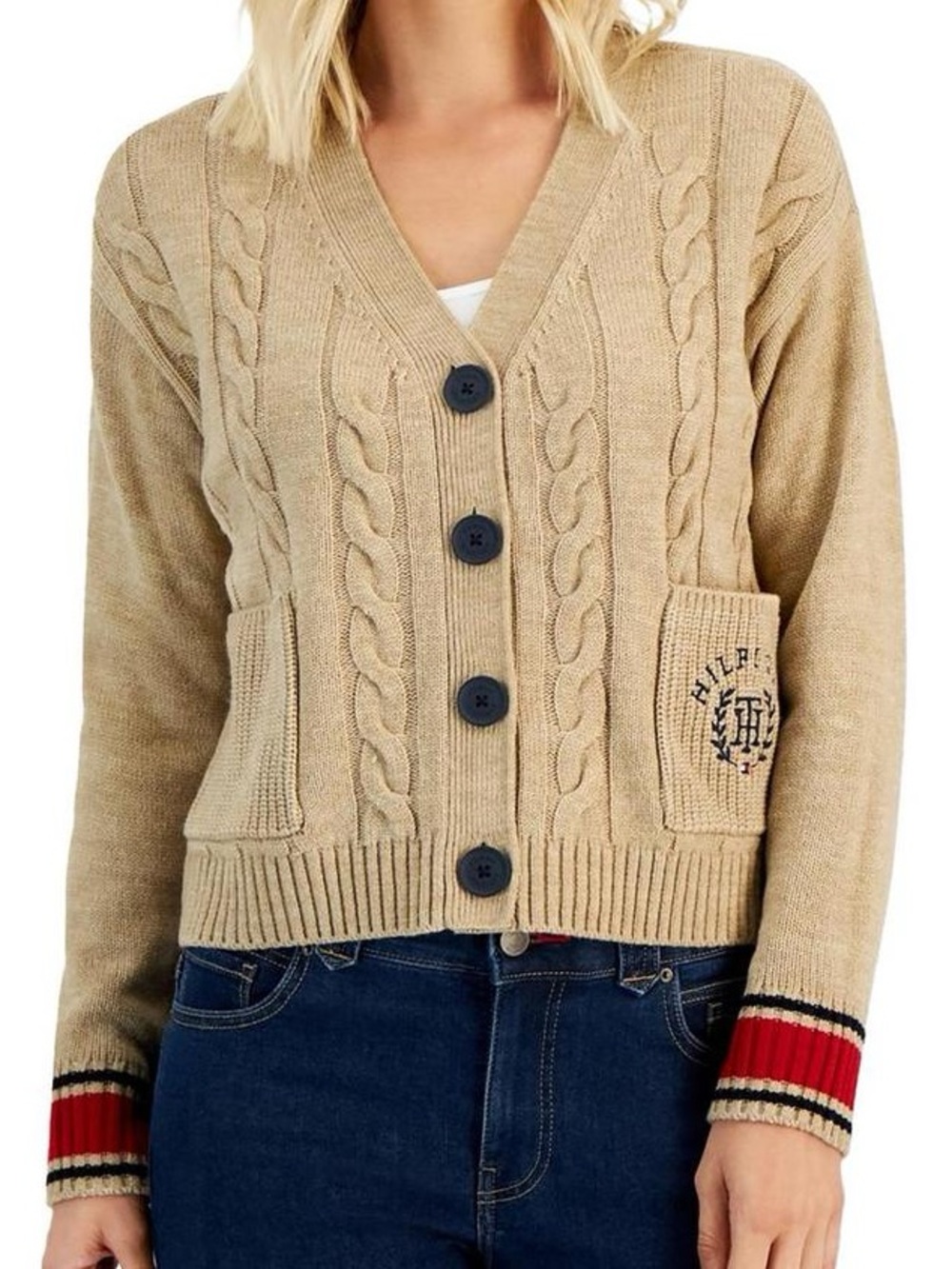 Tommy Hilfiger Tan Cable-Knit Cardigan with Contrast Cuff Detail